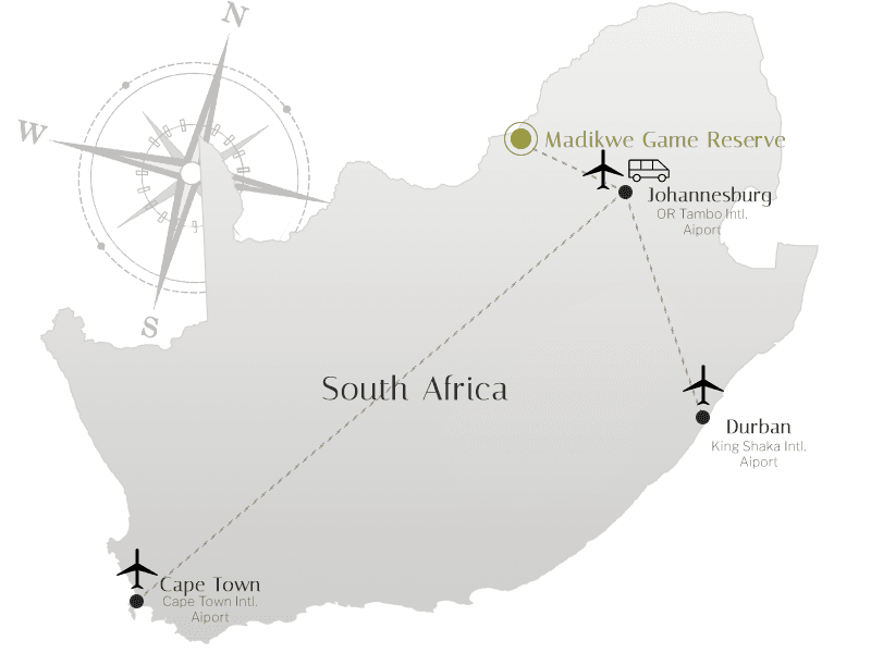 Map of Madikwe Game Reserve showing lodge locations